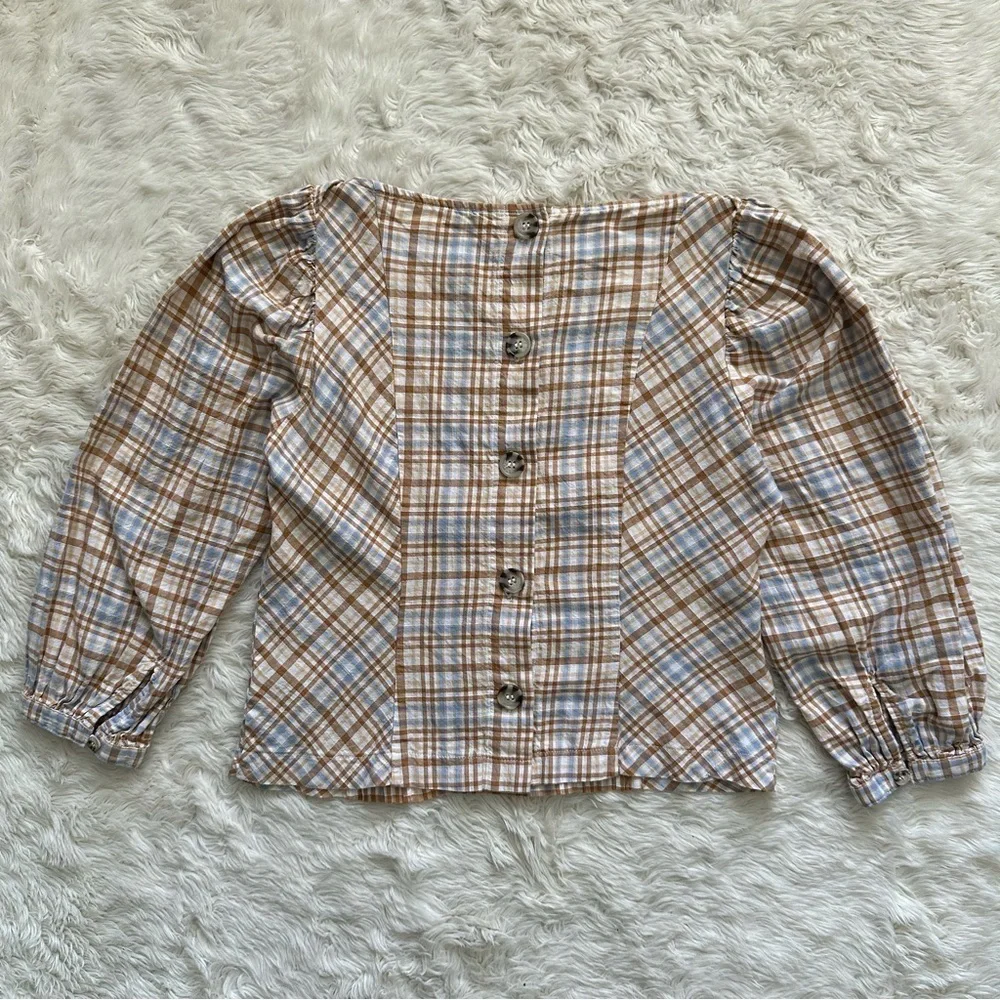 Free People Top Button Back Puff Sleeve Plaid Tan Blue S